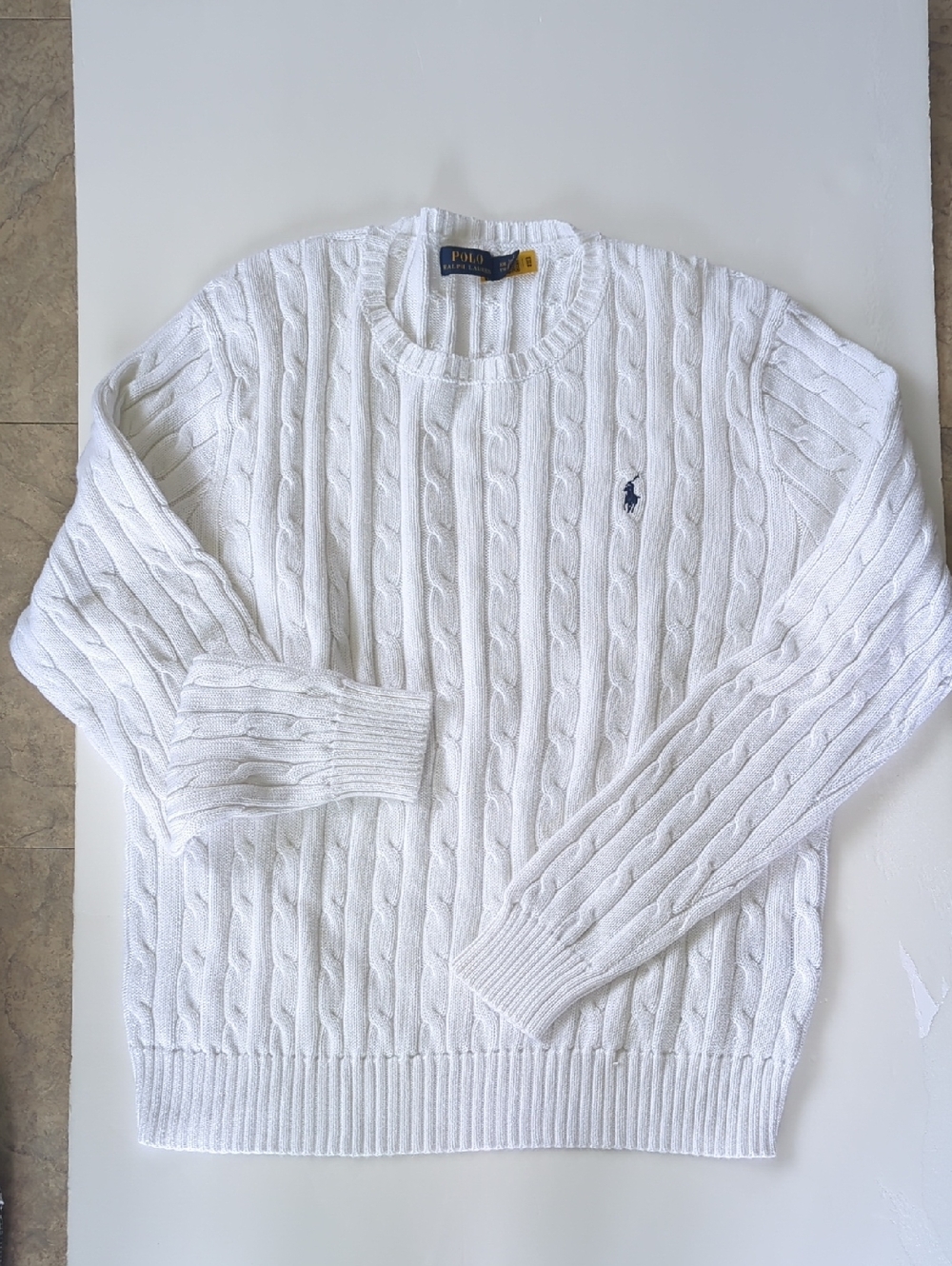 Polo by Ralph Lauren Unisex White Cable-Knit Crew Sweater with Navy Pony